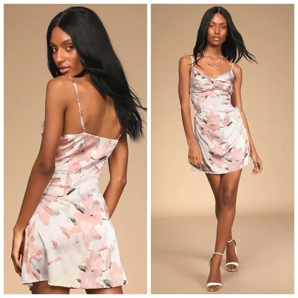 Lulus My Flirty Side Pink Floral Print Satin Lace-Up Mini Slip Dress - Picture 1 of 5